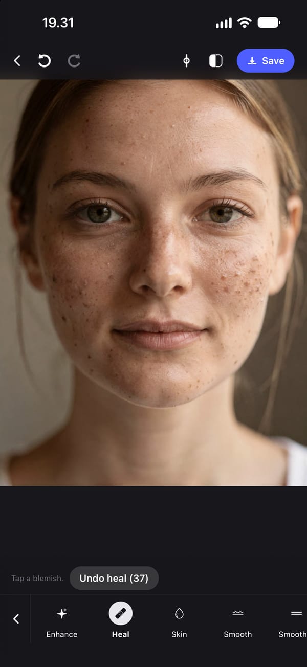 The same portrait in the same screen after 37 taps with Heal. The largest spots on her cheeks are gone, her pores and freckles are still there, and the button reads Undo heal (37).