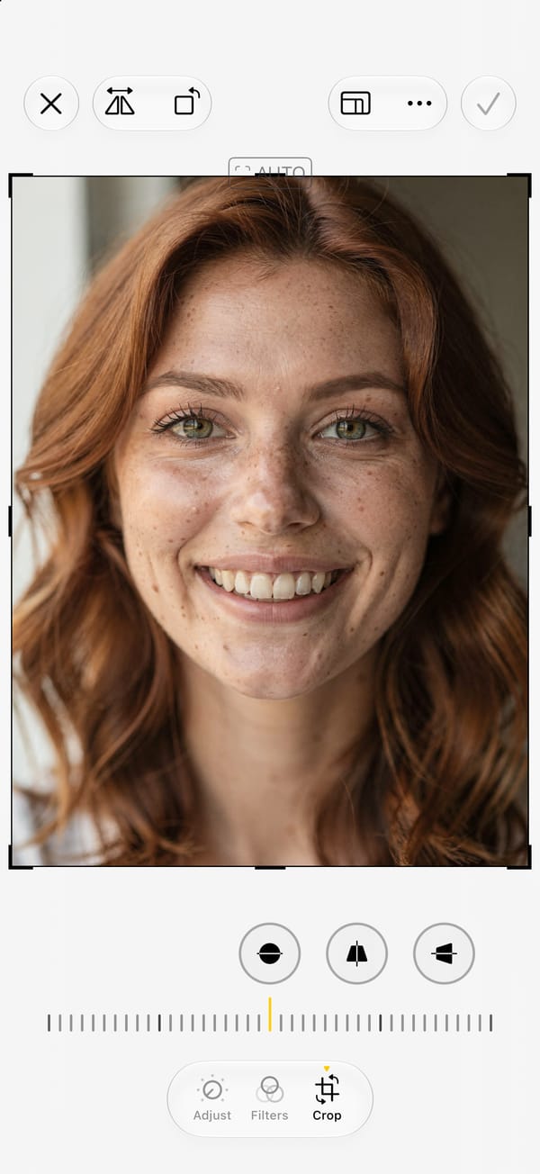 The iPhone Photos editor, captured in the iOS 27 simulator, with a portrait of a smiling young woman open. Three tabs sit under the photo, Adjust, Filters and Crop, with Crop selected and its straighten dial above them. There is no tool for teeth.