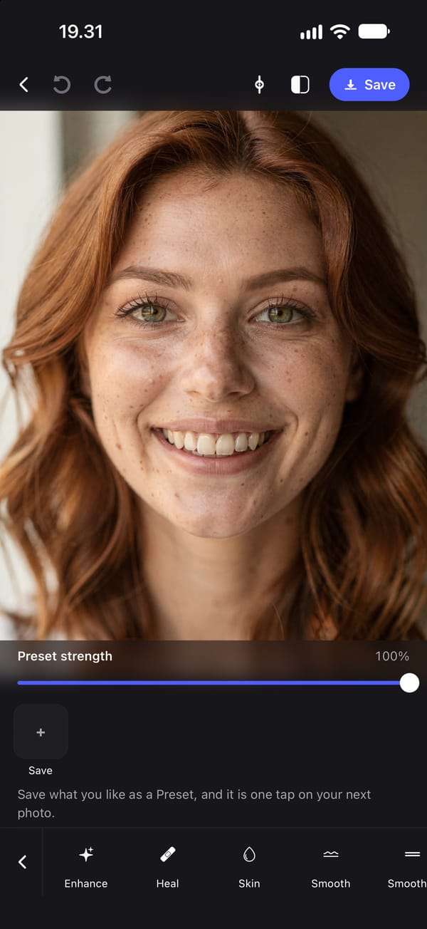 The PhotoTune editor on the same portrait with the Retouch group open. Its tools run along the bottom of the screen, starting with Enhance, Heal, Skin and Smooth, and the row scrolls sideways to reach Whiten.