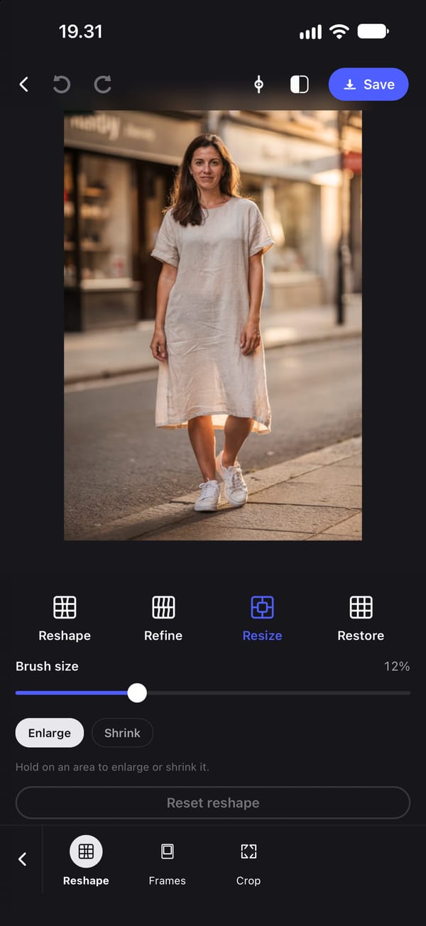 Resize selected on a full-length photo of a young woman standing on a sunny street in a linen dress, with Enlarge and Shrink below the brush size and the hint: hold on an area to enlarge or shrink it