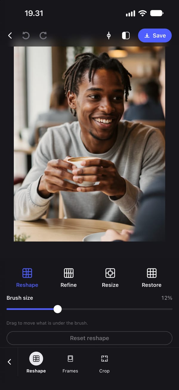 The Reshape panel open on a half-body photo of a young man sitting at a café table in a grey jumper, holding a cup, with Reshape, Refine, Resize and Restore below the photo and the hint: drag to move what is under the brush