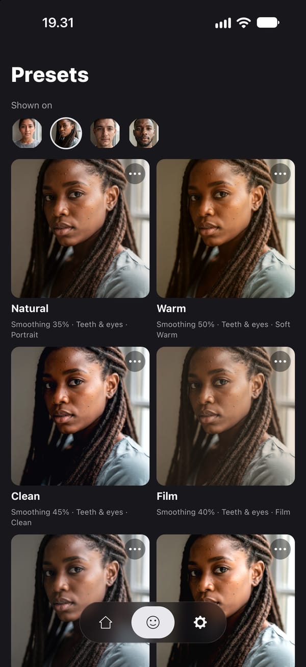 The Presets screen: one portrait of a young woman with braids shown under each saved Preset, with Natural, Warm, Clean and Film in view, and under each name what the Preset holds: its smoothing strength, teeth and eyes, and a colour grade