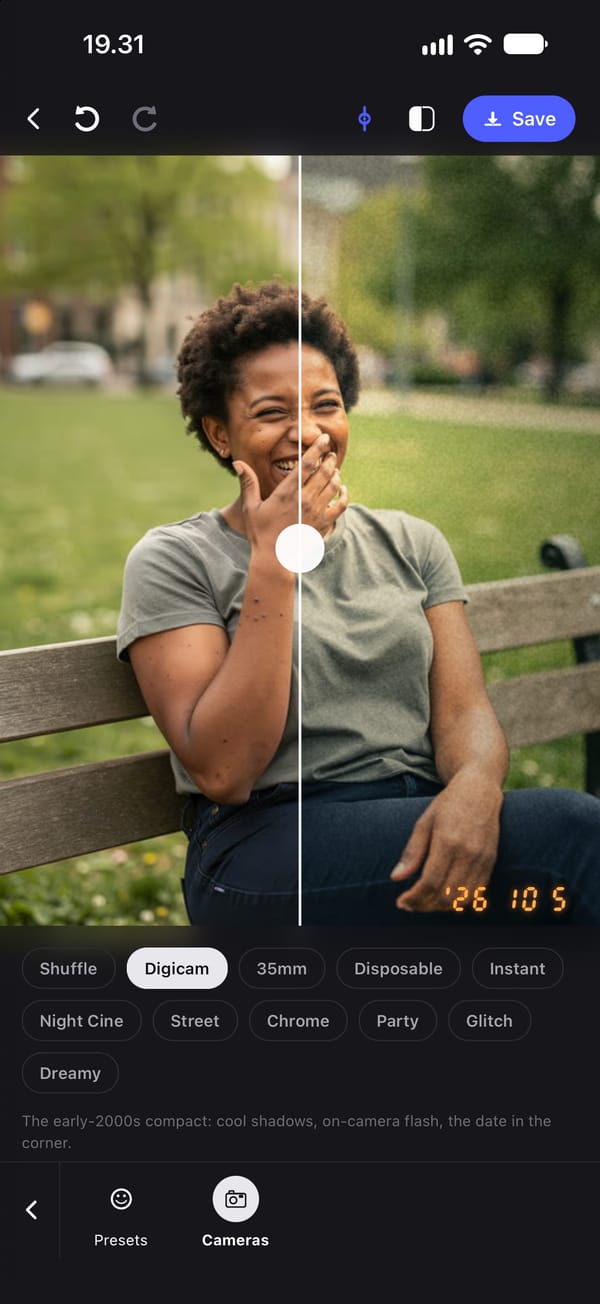 The Cameras tool with Digicam selected, on a photo of a young woman laughing on a park bench. On the right of the before-and-after divider the photo has cooler shadows, film grain and an orange date stamp reading '26 10 5 in the corner; the left is the original. The other looks sit in rows below: 35mm, Disposable, Instant, Night Cine, Street, Chrome, Party, Glitch and Dreamy, with Shuffle first.