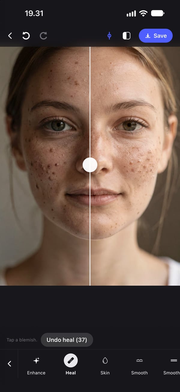 PhotoTune's Heal tool on a close portrait of a young woman, split down the middle by the before-and-after divider. The left half is the original, with dark spots across the cheek. The right half is the same face after 37 taps: the largest spots are healed, and her pores and freckles are still there. The button below reads Undo heal (37).