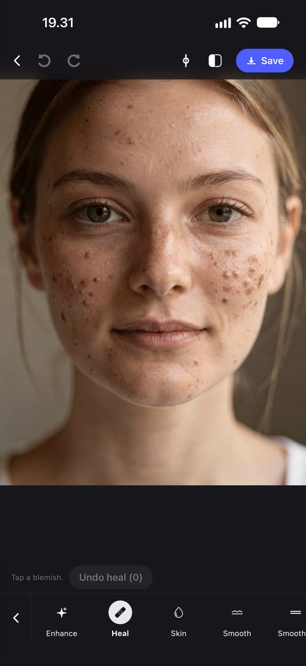 The Heal tool as it opens on the same portrait, before any taps: the prompt Tap a blemish and a button reading Undo heal (0), above the Retouch tools Enhance, Heal, Skin and Smooth.