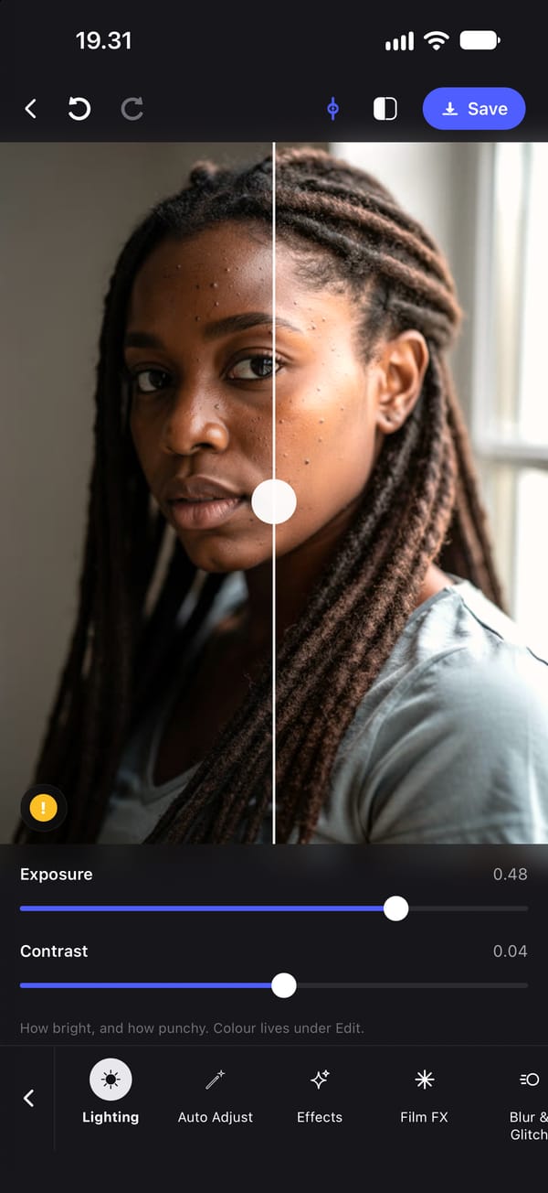 The Lighting tool on a dim portrait of a young woman lit from a window on one side, split down the middle by the before-and-after divider. The left half is the original and the right half is brighter. Exposure reads 0.48 and Contrast 0.04.