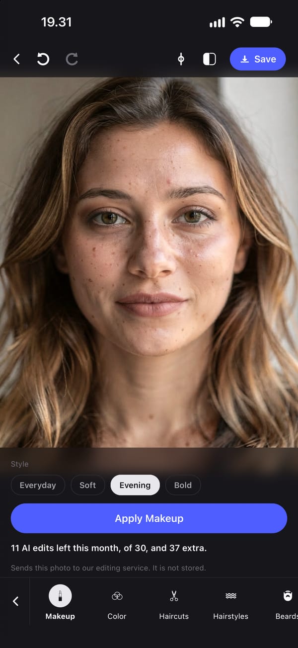 The same portrait after Apply Makeup with the Evening look: darker eye makeup and a deeper lip colour, with her freckles and skin texture still visible.