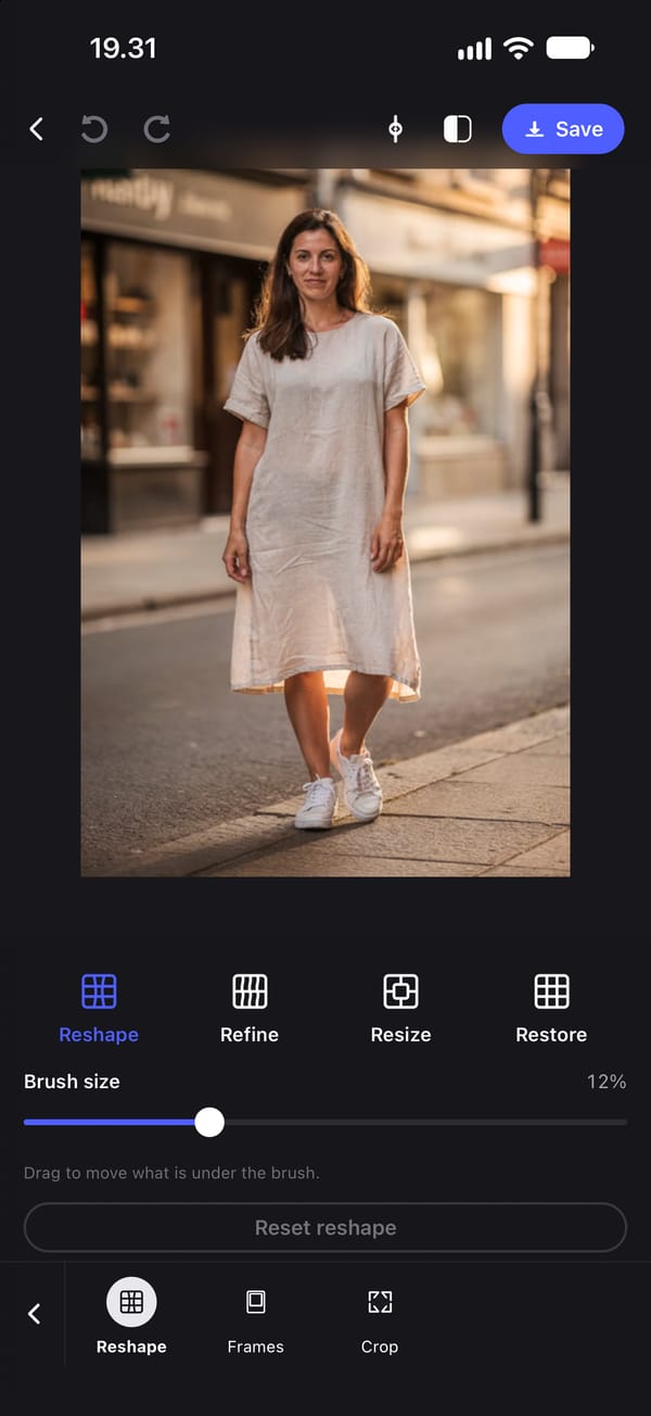 The Reshape tool open on a full-length photo of a young woman in a linen dress on a street. Below the photo are its four modes, Reshape, Refine, Resize and Restore, a Brush size slider at 12%, the line Drag to move what is under the brush, and a Reset reshape button.