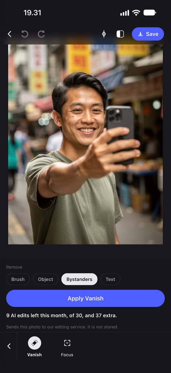 The Vanish tool before it is applied, on a selfie of a young man on a market street with blurred passers-by behind his shoulder. Bystanders is selected from the four modes: Brush, Object, Bystanders and Text.