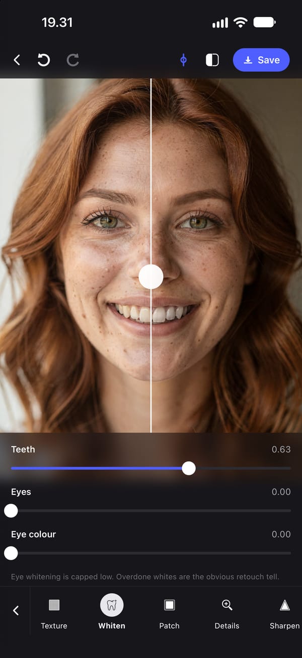 The Whiten tool on a portrait of a smiling young woman with red hair, with the before- and-after divider running through the middle of her smile. The teeth on the left are their original yellow; the teeth on the right are whiter. The Teeth slider reads 0.63, and Eyes and Eye colour are at 0.00.