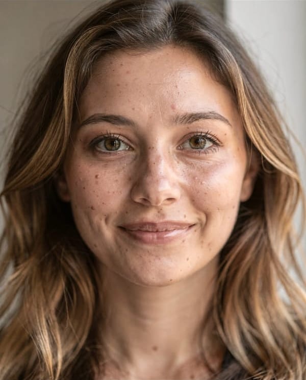 A portrait of a young woman with loose wavy hair past her shoulders, before and after Hairstyles with Tied back: her hair is gathered behind her head, and her face and freckles are as they were.
