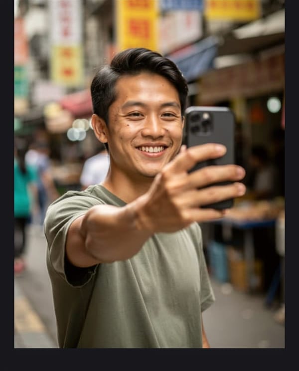 A selfie of a young man on a market street, before and after Vanish with Bystanders: the passers-by behind his shoulder are gone and the street is filled in behind him.