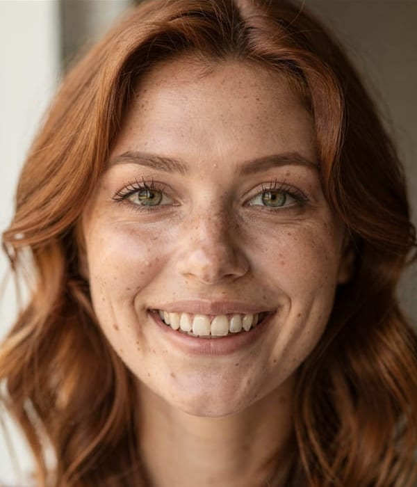 A smiling young woman with red hair, before and after the Whiten tool: at 0.63 her teeth are whiter and nothing else in the photo has changed.