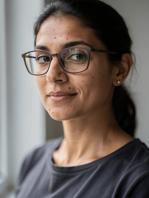 Portrait of a woman in her thirties wearing glasses